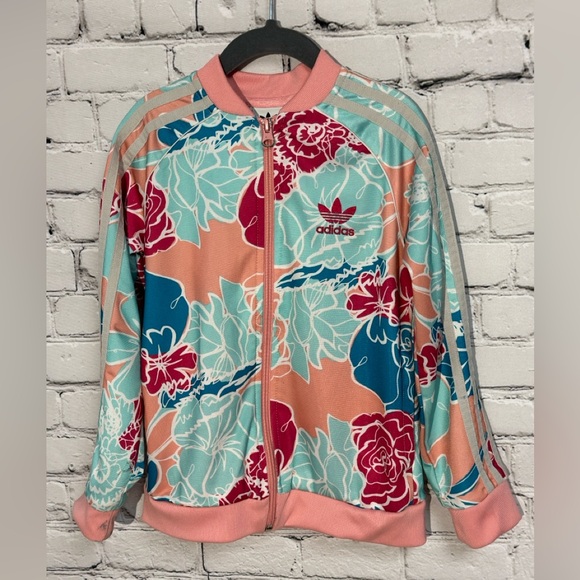 adidas Other - Adidas Pink and Blue Bomber Jacket with Floral Design Size XS (7/8)